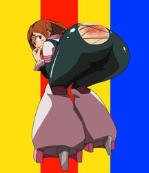 ass bent_over big_ass blush blush_stickers bodysuit boots brown_eyes brown_hair curvy dat_ass female from_behind hips huge_ass looking_at_viewer looking_back mr._papaya my_hero_academia ochako_uraraka red_ass shiny shiny_clothes shiny_skin short_hair skin_tight solo spanked thick_thighs thighs tight_suit torn_clothes wide_hips