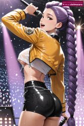 ai_generated ass black_shorts braid braided_ponytail breasts brown_eyes chains concert crop_top cropped_jacket crowd earrings female female_only from_behind holding holding_microphone jacket jewelry kpop_demon_hunters large_breasts long_hair long_sleeves looking_at_viewer looking_back medium_breasts microphone music netflix open_mouth purple_hair rumi_(kpop_demon_hunters) see-through shiny_clothes short_shorts shorts singing smile solo stage stage_lights stelmazura sweat underboob very_long_hair wet wet_clothes zipper
