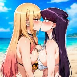 2girls ai_generated arm_at_side bare_arms bare_shoulders beach big_breasts bikini black_choker blonde_female blonde_hair blurry blurry_background blush breast_press breasts choker cleavage couple crossover day duo ear_piercing earrings eye_contact eyebrows_visible_through_hair eyes_visible_through_hair female/female female_only floral_print frilled_bikini frilled_swimsuit frills girlsareawesome gradient gradient_hair half-closed_eyes jewelry kissing kitagawa_marin komi-san_wa_komyushou_desu komi_shouko long_hair looking_at_another love multicolored_hair multiple_females multiple_girls mutual_yuri neck necklace ocean outdoors piercing pink_hair purple_eyes purple_hair red_eyes romantic romantic_couple sand sky sono_bisque_doll_wa_koi_wo_suru straight_hair surprised sweat sweatdrop swimsuit symmetrical_docking upper_body water white_bikini white_swimsuit yuri