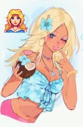 aegyo_sal blonde_hair blue_camisole blue_eyes blue_eyeshadow blue_flower blue_nails bracelet breasts camisole cleavage coconut_cup commentary cup english_commentary eyeshadow female floral_print flower gold_bracelet gyaru gyarufication gyarufied hair_flower hair_ornament haley_(stardew_valley) hibiscus hibiscus_print highres holding holding_cup jewelry long_hair long_nails looking_at_viewer makeup medium_breasts midriff navel necklace noisykoala official_art_inset one_eye_closed pendant pink_lips purple_nails reference_inset shell shell_necklace solo stardew_valley tan