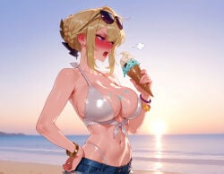 1girl clothing female blonde_hair breasts jewelry food swimsuit bikini open_mouth ice_cream purple_eyes shorts outdoors solo sunglasses beach navel hand_on_own_hip bracelet braid large_breasts eyewear_on_head cleavage bare_shoulders blush denim_shorts denim highleg holding earrings ocean holding_food hair_bun stomach white_bikini ice_cream_cone sunset highleg_bikini holding_ice_cream melting short_shorts food_on_body gradient_sky sidelocks front-tie_top food_on_breasts sky sun puff_of_air braided_bun water sand sweat teeth skindentation upper_teeth_only collarbone day stud_earrings nose_blush veiny_breasts blue_shorts single_hair_bun dripping french_braid spill covered_nipples midriff shiny_skin horizon makeup bare_arms breath 1girls ai_generated voluptuous_female voluptuous curvaceous curvaceous_figure curvaceous_female curvy curvy_figure female_focus balecxi evelyn_chevalier zenless_zone_zero inviting inviting_to_sex seductive seductive_look seductive_smile presenting presenting_hindquarters presenting_ass presenting_self presenting_breasts