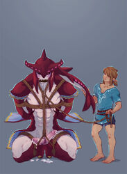 2boys abs barefoot breath_of_the_wild cum diphallia diphallism drooling erection full_body interspecies kneeling link link_(breath_of_the_wild) male_focus male_only multi_penis multiple_boys muscular muscular_male penis restrained rope sidon sidon_(zelda) size_difference the_legend_of_zelda yaoi zora