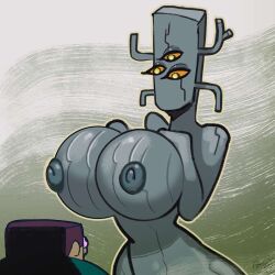 1boy big_breasts big_female female lifting_breasts looking_down minecraft nsfw nude_female steve_(minecraft) the_creaking_(minecraft) touching_breast touching_self