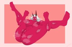 abs anus areola asian_mythology big_breasts black_eyes black_horn border breasts demon east_asian_mythology eyelashes female genitals grey_hair hair horn horned_humanoid huge_breasts humanoid japanese_mythology looking_at_viewer lying musk musk_cloud mythology nipples on_back oni pink_border red_anus red_areola red_background red_body red_nipples simple_background solo thick_thighs vulva wide_hips yokai yuupitel