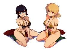 belly_dancer belly_dancer_outfit black_hair black_hair_female blonde_female blonde_hair blue_eyes_female chained_collar chained_together chained_up cleavage crossover_cosplay crossover_pairing fangs harem harem_girl harem_outfit hellsing hotel_transylvania looking_up_at_viewer mavis_dracula red_eyes_female seras_victoria sitting_on_knees slave_bikini slave_collar slave_girl slave_girls slave_leia_(cosplay) slave_outfit smgold smiling_at_viewer two_girls vampire_girl