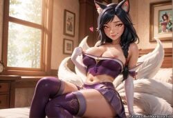 ahri ahri_(league_of_legends) ai_generated animal_ears arm_support bare_shoulders bed bed_sheet bedroom black_hair blush braid breasts bulletin_board cleavage closed_mouth clothes_pull collarbone crop_top curtains day drawing_(object) elbow_gloves facial_mark female fox_ears fox_tail gloves hair_over_shoulder heart indoors large_breasts league_of_legends light_particles lips long_hair looking_at_viewer meitabuu midriff miniskirt multiple_tails navel nipples on_bed painting_(object) photo_(object) picture_frame pillow pleated_skirt portrait_(object) purple_skirt purple_thighhighs single_braid sitting skirt smile solo stomach strapless sweat swept_bangs tail thighhighs tube_top whisker_markings white_gloves window yellow_eyes
