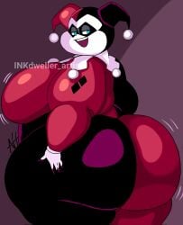 back_fat batman:_the_animated_series batman_(series) bbw bedroom_eyes big_ass big_belly big_butt blue_eyes bodysuit chubby_face diamond_print domino_mask double_chin fat_folds flabby_arms flabby_legs hand_on_ass harley_quinn harley_quinn_(classic) inkdweller_art jester_costume jiggle jiggling_ass looking_over_shoulder motion_lines obese obese_female obese_human overweight overweight_female overweight_human red_and_black_bodysuit red_lipstick seductive thick_thighs two_tone_clothing white_collar white_facepaint white_gloves wide_hips wobble wobbling_ass