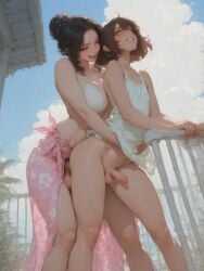 1femboy 1futa ai_generated anal anal_penetration anal_sex arms_around_waist balcony balcony_sex bikini_top black_hair black_haired_futa blue_sky bob_cut breasts brown_hair brunette brunette_futa brunette_only bun_hair dark_brown_hair dark_hair dark_haired_futa dickgirl dress dress_lift erection femboy feminine_male futa_on_femboy futa_on_male futadom futanari grabbing_railing green_eyes hair_bun hannai intersex large_breasted_futa large_breasts light_skinned_femboy looking_pleasured male malesub otoko_no_ko outdoors pale_skinned_futa penis penis_size_difference railing realistic_breast_size realistic_penis_size realistic_proportions sarong size_difference standing standing_doggy_style standing_sex testicles thick_thighs thighs trap voluptuous_futa white_dress