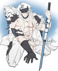 1boy 2021 52kourou abs alchemy_stars anjingkuxiao arm_armor artist_name balls bara barton_(alchemy_stars) beefy biceps big_balls big_glans big_penis broad_shoulders collarbone cross_scar curved_penis daddy dated dilf erection foreshortening foreskin foreskin_folds fur gay gloves hi_res holding_weapon huge_cock hunk jacket_on_shoulders kneeling light_skin male male_breasts male_only manly mature_male military_hat moobs muscles muscular muscular_arms muscular_male no_nipples pale_skin pecs penis pubic_hair scar scar_on_arm scar_on_chest scar_on_face scar_on_hand scar_on_stomach scars_all_over seductive simple_background simple_shading six_pack skimpy solo sparkles spread_legs sword thick_penis topless tough_guy uncensored uncircumcised uncut unzipped veiny_penis very_high_resolution weapon white_background wolf yaoi