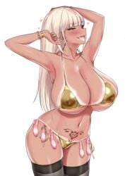 armpits arms_up bikini bikini_top black_legwear bracelet breasts cameltoe cleavage collarbone condom condom_belt cum cum_in_mouth cum_on_tongue dark-skinned_female dark_skin earrings female groin gyaru heart heart-shaped_pupils heart_earrings highres hips huge_breasts jewelry kogal kuro_gyaru long_hair mole nail_polish nakamura_misaki nanae nanae_nano naughty_face navel original original_character pearl_bracelet pubic_tattoo pussy_juice side-tie_bikini simple_background skindentation solo sweat swimsuit symbol-shaped_pupils tan tanline tattoo thighhighs tongue used_condom white_background womb_tattoo yellow_bikini