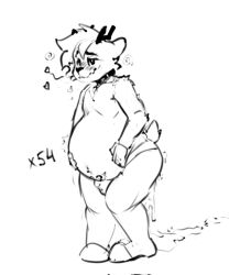 2025 anthro antlers belly big_belly blushsmile bodily_fluids chubbierjako clothing collar cum cum_from_ass cum_in_ass cum_inflation cum_inside deer genital_fluids hand_on_own_belly heart_symbol hi_res horn inflation jako_(chubbierjako) line_art male mammal monochrome nonbinary_(lore) pregnant pregnant_male pubic_tattoo sidecut solo standing tattoo underwear