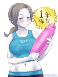 1girl bare_shoulders blue_tank_top blush breasts brown_hair capri_pants closed_mouth clothes_writing collarbone colored_skin covered_nipples crop_top dildo fast-r grey_eyes grey_hair holding holding_sex_toy huge_dildo large_breasts long_hair midriff navel pants ponytail sex_toy shirt smile solo sweat tank_top translated transparent_background trophy twitter_username white_skin wii_fit wii_fit_trainer wii_fit_trainer_(female)
