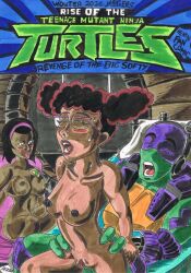 afro_puffs anthro anthro_female anthromorph april_o'neil april_o'neil_(rise_of_the_tmnt) blush blushing_female breasts completely_nude_female dark-skinned_female donatello_(rise_of_the_tmnt) donatello_(tmnt) ebony_female glasses indian_female orgasm_face reverse_cowgirl_position rise_of_the_teenage_mutant_ninja_turtles saiyaman shaved_pussy sunita sweating_female threesome tongue_out
