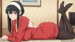 1girl 1girls absurd_res ai_assisted ai_generated anime ass big_ass black_hair black_pantyhose boobs breasts bubble_butt butt cleavage curvaceous curvy curvy_figure earrings gold_hairband hairband high_resolution highres hourglass_figure huge_ass huge_butt indoors large_breasts light-skinned_female long_hair looking_back lying midriff off-shoulder_sweater on_stomach pantyhose patreon patreon_logo patreon_username red_eyes red_sweater smile solo spy_x_family thick_thighs thighs veyluna voluptuous wide_hips yor_briar yor_forger