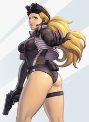 alternate_costume ass beckoning belt_pouch big_ass black_gloves blonde_hair blue_eyes breasts curvy dat_ass female gloves goggles goggles_on_head gun handgun headset hips holding_weapon holster kolin large_ass lips long_hair looking_at_viewer low_ponytail medium_breasts night_vision noppo_(tarstation) nose pistol ponytail skin_tight small_breasts solo street_fighter street_fighter_v thick_thighs thigh_holster thighs trigger_discipline unitard vest weapon wide_hips