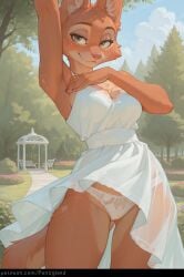1girl ai_generated animal_ears animal_nose anthro arm_up armpits ass_visible_through_thighs blue_sky blush body_fur breasts cleavage closed_mouth cloud cowboy_shot day diane_foxington dress flower fluffy_tail fox_ears fox_girl fox_tail furry furry_female green_eyes hi_res high_quality high_resolution highres lace_panties looking_at_viewer medium_breasts outdoors panties panzglard pointy_ears see-through sideboob sky sleeveless_dress smile snout solo standing sundress tail the_bad_guys thick_thighs tree two-tone_fur underwear whiskers white_dress white_panties wide_hips