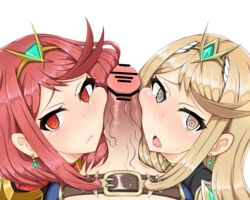 1boy 2girls :< armor belt blonde_hair breasts censored cute double_facejob earrings facejob gatyo_5 heart heart-shaped_pupils jewelry looking_at_viewer multiple_girls mythra nintendo open_mouth partial_male penis penis_between_faces penis_on_face penis_worship pointless_censoring pov pyra red_eyes red_hair rex_(xenoblade) salvager_trousers sidelocks straight symbol-shaped_pupils tiara white_background xenoblade_(series) xenoblade_chronicles_2 yellow_eyes