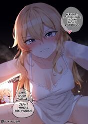 1boy 1girls aether_(genshin_impact) blonde_hair blush caught caught_in_the_act dialogue female femdom genshin_impact hoyoverse interrupted interrupted_sex jean_gunnhildr klee_(genshin_impact) kukiyuusha looking_at_viewer male male_pov mihoyo pov straddling sweat sweaty text underwear walked_in_on