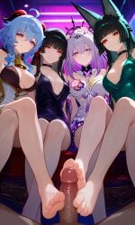 4girls ai_generated castorice_(honkai:_star_rail) chisa_(wuthering_waves) crossover feet feetjob foot foot_fetish footjob ganyu_(genshin_impact) genshin_impact honkai:_star_rail hoshimi_miyabi impacter looking_at_viewer looking_down looking_down_at_viewer mouth_closed multiple_girls neon_lights pov pov_footjob pov_male smiling smiling_at_viewer wuthering_waves zenless_zone_zero