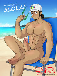 1boy abs bara barefoot beach beard big_penis black_eyes black_hair chair dark-skinned_male dark_skin day erection feet glasses half-closed_eyes hat holding human kukui_(pokemon) leg_up looking_at_viewer male male_focus male_only muscular nintendo nipples nude ocean penis pokemon pokemon_sm ponytail pubic_hair red-box sand sitting sky smile soles solo text toes url veins veiny_penis water