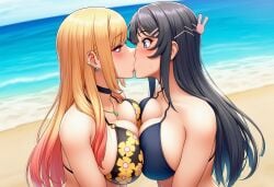 2girls ai_generated arm_at_side bare_arms bare_shoulders beach big_breasts bikini black_bikini black_choker black_swimsuit blonde_female blonde_hair blue_eyes blush breast_press breasts choker cleavage couple crossover day duo dutch_angle ear_piercing earrings eye_contact eyebrows_visible_through_hair female/female female_only floral_print girlsareawesome gradient gradient_hair half-closed_eyes jewelry kissing kitagawa_marin long_hair looking_at_another love multicolored_hair multiple_females multiple_girls mutual_yuri neck necklace ocean outdoors piercing pink_hair red_eyes romantic romantic_couple sakurajima_mai sand seishun_buta_yarou_wa_bunny_girl_senpai_no_yume_wo_minai sky sono_bisque_doll_wa_koi_wo_suru straight_hair surprised swimsuit symmetrical_docking upper_body water yuri