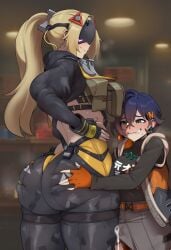 1futa 2d 2girls ai_generated ass ass_grab belle_(zenless_zone_zero) big_ass big_butt big_cock big_penis big_thighs blonde_hair blush breasts bulge camouflage cock cum cum_drip cum_leaking cum_through_clothes cum_through_clothing cumdrip cyreneceo earrings erection erection_under_clothes female fingerless_gloves futa/female futa_with_female futanari gloves grabbing_another's_ass green_eyes groping hair_ornament height_difference horny huge_ass jacket jewelry large_ass large_breasts large_butt large_thighs long_hair long_sleeves mask medium_breasts multiple_girls muscular muscular_female penis ponytail sharp_teeth short_hair shorts smile steam tall_female teeth thick_ass thick_butt thick_thighs thighs trigger_(zenless_zone_zero) zenless_zone_zero