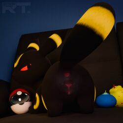 1:1 2026 3d_(artwork) animal_genitalia animal_vulva anus backsack balls bedroom_eyes berry black_body blender_(artwork) blender_cycles_(artwork) bodily_fluids butt canine_genitalia canine_vulva digital_media_(artwork) dripping eeveelution female female_feral feral food fruit furniture generation_2_pokemon genital_fluids genitals hi_res leaking_vagina looking_at_viewer looking_back markings narrowed_eyes nintendo on_sofa pink_anus plant pointy_ears pokeball pokemon pokemon_(species) presenting presenting_anus presenting_vulva quadruped raised_tail raytross rear_view red_eyes ring_(marking) seductive simple_background smile smiling_at_viewer sofa solo steam tail umbreon vulva watermark yellow_body