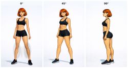 ai_generated black_legwear bob_cut cropped_tank_top cswiz freckles front_view hannah_fowler hotpants looking_at_viewer multiple_angles pale-skinned_female pale_skin red_hair side_view sneakers solo_female sports_bra sportswear standing tagme triptych_format