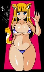 1girls areola_slip areolae big_breasts bikini blonde_female blonde_hair blue_eyes breasts cat_ears cat_tail cum_girls_vol.1_-_nasty_cat_girl female female_only japanese_text jermaneels kemonomimi micro_bikini navel risa_(jermaneels) standing thick_thighs thighs underwear striped_bikini pixel_art waving smile blush