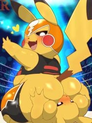 ambiguous/ambiguous ambiguous_gender anthro anthro_on_anthro ass belly big_butt biped black_clothing black_ear_tips black_ears black_sclera black_shirt black_tail black_tail_tip black_topwear blush blush_lines butt_grab butt_squish clothed clothing colored cosplay_pikachu_(character) cosplay_pikachu_(costume) cute_fangs detailed_background dipstick_ears dipstick_tail duo ear_markings face_in_ass facesitting fangs female_(lore) fur generation_1_pokemon hand_on_butt head_between_buttocks heart_eyes heart_symbol hi_res larger_ambiguous larger_anthro larger_on_top looking_at_another looking_at_partner lying mammal markings mask multicolored_body multicolored_ears multicolored_fur multicolored_tail nintendo on_back on_top open_:3 overweight overweight_ambiguous overweight_anthro partially_clothed pikachu pikachu_libre pokemon pokemon_(species) rear_view ritoning8810 shaded shirt signature sitting sitting_on_another size_difference smaller_ambiguous smaller_anthro sports_mask sportswear spotlight squish stadium tail tail_markings teeth thick_thighs three-quarter_view topwear white_eyes wrestling_mask yellow_body yellow_ears yellow_fur yellow_tail