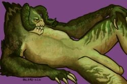 big_penis claws deathclaw fallout genitals green_body hallamo-h hi_res humanoid_genitalia humanoid_penis laid_down male microsoft penis pinup pose purple_background scalie sharp_teeth simple_background spikes teeth