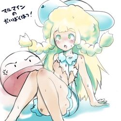 1girls angry ass blonde_hair blush breasts dirty dress drooling electrode_(pokemon) eyelashes hat human knees_together lillie_(pokemon) long_hair nintendo nipples open_mouth pokemon pokemon_sm saliva sitting solo_focus tears tenteco_(covamin) text tongue translation_request