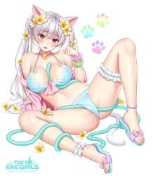 1girls 2d 2d_(artwork) animal_ears ankle_garter anklet arm_support bare_shoulders bell belly belly_button between_breasts bikini blue_bikini blush bracelet breasts cat_ears cat_pose cat_tail cleavage clenched_hand collar collarbone copyright_name digital_media digital_media_(artwork) entangled fang feet flower flower_in_hair footwear frilled_bikini frilled_thigh_strap frills front-tie_bikini front-tie_top full_body grey_hair hair_flower hair_ornament harajuku_mimi hose illustration jacket jingle_bell lace lace-trimmed_bra lace-trimmed_panties lace_trim logo long_hair looking_at_viewer lying medium_breasts nail_polish navel neck_bell off_shoulder on_back open_clothes open_jacket open_mouth paw_pose paw_print paw_print_background pink_nails plumeria_(flower) re:shimashima red_eyes sandals shoes solo solo_female striped_bikini striped_clothing swimsuit tail thick_thighs thigh_strap thighs toenail_polish toenails toes tokyo_exe_girls water wet white_background