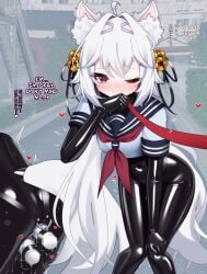 1girls absurdres ahoge anal animal_ear_fluff animal_ears ass bell black_bodysuit blue_sailor_collar blush bodysuit bodysuit_under_clothes cat_ears cat_girl commentary_request dildo double_penetration english_text female female_ejaculation female_masturbation filian_(vtuber) forced_orgasm gloves hair_bell hair_ornament highres indie_virtual_youtuber latex latex_bodysuit latex_clothing latex_gloves leash looking_at_viewer maguro27 masturbation one_eye_closed orgasm outdoors public_indecency purple_eyes pussy_juice rubber rubber_clothing sailor_collar sex_toy shiny_clothes shirt tail text thighs tight_clothing twintails vaginal_penetration very_long_hair virtual_youtuber white_hair white_shirt