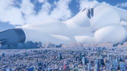 alaska_(bloomthefox) anthro ass big_butt bloomthefurry city city_crushing city_destruction cityscape cloud deer destruction extreme_size_difference giga hand_on_butt hi_res hooves huge_butt hyper hyper_butt leg_focus lying macro macro_anthro macro_focus macro_male male mammal nude nude_anthro nude_macro on_side rear_view size_difference solo thick_thighs white_body