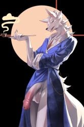 absurd_res asian_clothing balls big_balls big_penis black_nose canid canine clothed clothing east_asian_clothing fangs flaccid fluffy fluffy_tail foreskin fox fur genitals hi_res huge_balls huge_penis humanoid_genitalia humanoid_penis japanese_clothing kemono kimono kimono_only looking_at_viewer male mammal markings okari_01 open_clothing penis pipe pointy_ears red_markings smoking solo tail teeth white_body white_fur