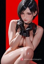 ada_wong ai_generated asian asian_female black_hair body_harness boobs_pressed booty brown_eyes busty choker covering_breasts cuffed cuffs garter_belt garter_straps naked nude pressing_breasts pressing_breasts_together resident_evil short_hair slender_body squeezing squeezing_breasts wide_hips