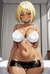 1girl ai_generated aikawa_rena arms_at_sides bare_shoulders bed black_panties black_shorts blonde_hair blush bob_cut boyshort_panties bra breasts cleavage closed_eyes closed_mouth collarbone colored_inner_hair cowboy_shot dancing dark-skinned_female dark_skin female green_eyes groin hair_between_eyes hands_on_hips hands_on_own_breasts hands_on_own_chest indoors large_breasts looking_at_viewer navel on_bed original panties pixiv rena_aikawa_(pixiv_user) shiny_skin short_hair short_shorts shorts skindentation smile solo stable_diffusion standing stomach tagme thighs underwear video white_bra window