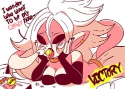 1girls 2010s android_21 animated artist_name black_nails black_sclera breasts candy choker cleavage clothed clothes cross-eyed cute cute_fang dark_persona detached_sleeves dialogue diives dragon_ball dragon_ball_fighterz ear_piercing english_text female female_only fully_clothed hair_between_eyes humanoid large_breasts lollipop long_hair lying majin majin_android_21 midriff monster_girl on_stomach patreon piercing pink_skin pointy_ears prehensile_tail red_eyes saliva solo spiky_hair tail text tongue tongue_out tube_top white_hair