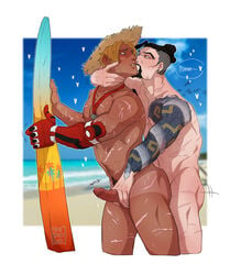 2boys anal bara beach blizzard_entertainment cole_cassidy facial_hair hanzo hat jaspurrlock lifeguard_cassidy male male_only multiple_boys muscle nude outdoors overwatch penetration piercing scar sex yaoi