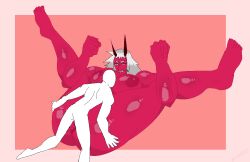 areola asian_mythology big_breasts black_eyes black_horn border breasts demon duo east_asian_mythology eyelashes female grey_hair hair horn horned_humanoid huge_breasts human humanoid japanese_mythology larger_female lying male male/female mammal mythology nipples on_back oni penetration pink_border red_areola red_background red_body red_nipples sex simple_background size_difference smaller_male thick_thighs vaginal_penetration wide_hips yokai yuupitel
