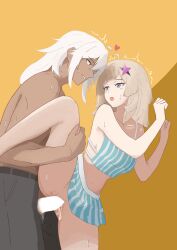 1boy 1girls aa-12_(girls'_frontline) blonde_hair blue_eyes bottomless censored dark-skinned_male feet_out_of_frame female girls'_frontline girls'_frontline_neural_cloud hair_ornament leg_grab leg_up light-skinned_female lind_(neural_cloud) long_hair looking_at_another looking_at_partner looking_back male navel open_mouth pants penis pussy sex skirt standing standing_on_one_leg standing_sex standing_split sweat sweatdrop takanacy vaginal_penetration vaginal_sex