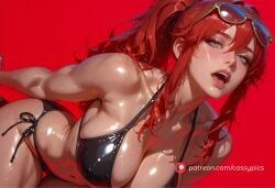 ai_generated bent_over bikini blue_eyes booty busty curvy eyewear_on_head fanart firm_breasts fit_female large_breasts malenia_blade_of_miquella naked nude open_mouth ponytail red_hair squeezing squeezing_breasts sunglasses tight_bikini waifu wet wet_body wet_skin wide_hips