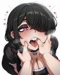 1girls 2025 ai_generated black_hair blush candela_(memch0) cleavage collar earrings el_memc female female_only fingers fingers_in_mouth goth goth_girl horny horny_female imminent_sex looking_at_partner looking_at_viewer looking_pleasured looking_up memch0 musk musk_clouds oc original original_character piercings pink_eyes rabbit_teeth saliva saliva_drip saliva_string saliva_trail salivating sweat sweatdrop sweating sweaty