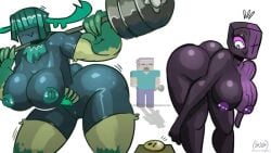 1boy 2girls 2girls1boy big_ass big_breasts blue_nipples cookie enderman enderwoman minecraft no_eyes nsfw nude_female purple_eyes purple_nipples pussy pussy_lips rule_63 squatting steve_(minecraft) training warden_(minecraft) weightlifting