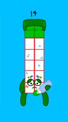 14 artificial_vagina blush cbeebies cum erection fleshlight fourteen fourteen_(numberblocks) green_blocks green_penis helmet helmet_only highres ksry52 male male_only masturbation non-web_source number numberblocks onahole penis rainbow_eyebrows sex_toy simple_background sweat tapering_penis white_blocks