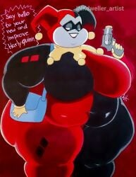 batman:_the_animated_series batman_(series) bbw bedroom_eyes big_ass big_belly big_butt blue_eyes bodysuit chubby_face dialogue diamond_print domino_mask double_chin fat_folds flabby_arms flabby_legs harley_quinn harley_quinn_(classic) inkdweller_art jester_costume looking_down obese obese_female obese_human overweight overweight_female overweight_human pop_gun purse red_and_black_bodysuit red_lipstick seductive speech_bubble thick_thighs two_tone_clothing white_collar white_facepaint white_gloves wide_hips