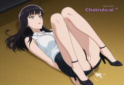 1girl after_rape aged_up ai_assisted ai_generated anime_coloring anime_screencap bent_knees black_hair black_suit crying detailed empty_eyes full_body hands_tied_behind_back high_heels jewelry laying_on_back laying_on_desk legs_spread long_hair no_jacket office_background panties_pulled_aside pencil_skirt purple_eyes running_makeup sleeveless_shirt stockings tears_in_eyes tight_asshole wet_pussy white_shirt