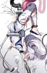 arms_behind_back black_halo blue_archive bodysuit bondage bound bound_arms commentary_request dildo female female_orgasm flat_chest forced_orgasm from_side grabbing_another's_hair halo highres himari_(armed)_(blue_archive) himari_(blue_archive) holding_another's_hair long_hair milking_machine multicolored_halo nakamura_rohane nipples nose_bubble object_insertion orgasm pointy_ears pussy_juice restrained saliva sex_machine sex_toy solo stationary_restraints toes torn_bodysuit torn_clothes translation_request trembling two-tone_halo upside-down vaginal_object_insertion vaginal_penetration very_long_hair white_background white_bodysuit white_hair white_halo
