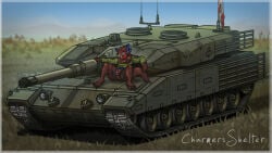16:9 andromorph anthro armored_vehicle brown_body brown_fur canadian_flag cannon charmersshelter eyewear fur genitals glasses hand_on_weapon hi_res intersex leopard_2 machine maple_leaf military_jacket nonbinary_(lore) p3p51 paws presenting presenting_vulva protogen ranged_weapon sitting_on_vehicle smile solo spread_legs spreading tank_(vehicle) tracked_vehicle trans_(lore) trans_man_(lore) turret vehicle vulva weapon wearing_jacket widescreen